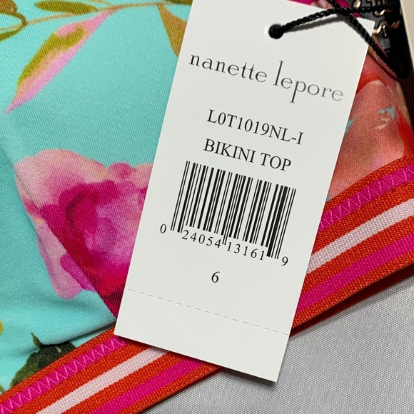 Nanette Lepore Blue Floral Triangle Bikini Top Francesca Tassels Rose Gold Sz6 - Picture 5 of 12